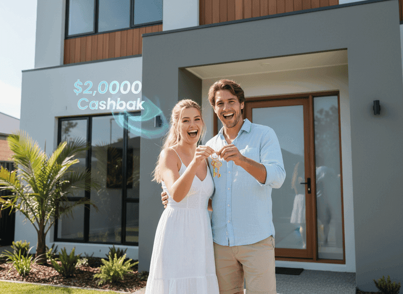 A couple celebrating outside their new home